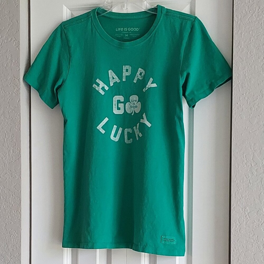 Life Is Good Green "Happy Go Lucky" Short Sleeve Crusher Tee Women's Size M